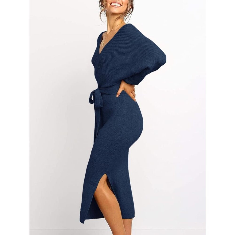 Women's Sweater Dress Wrap Batwing V Neck Slit Bodycon Dress Valentine Navy - Picture 2 of 6